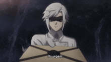a man in a mask is holding a box that says " it 's urgent "