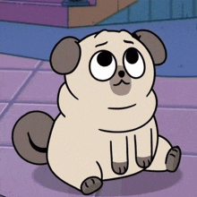 a cartoon pug dog is sitting on the floor with a sad look on its face .
