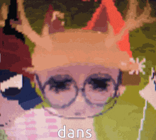 a pixelated image of a person wearing glasses and a hat with the word dans written below it