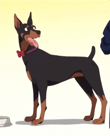 a dog with a bow tie is standing next to a bowl of food