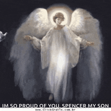 a painting of an angel with the words " im so proud of you spencer my son " below it