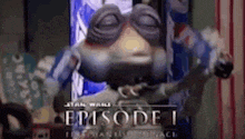 a cartoon character is standing next to a star wars episode 1 poster .