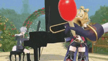 a man is playing a piano and a woman is playing a trumpet .