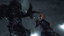 a pixelated image of a person in an orange costume holding a sword
