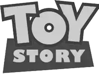 a black and white toy story logo with a white circle in the middle