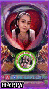 a happy birthday card with a picture of a girl in a heart