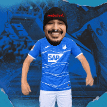 a man wearing a blue sap shirt and a black hat