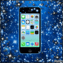 a picture of an iphone on a blue background with picmix
