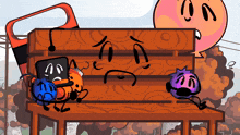 a group of cartoon characters are standing around a wooden bench