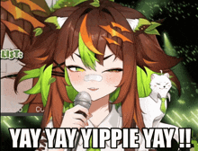 a girl with a bandage on her nose singing into a microphone with the words yay yay yippie yay