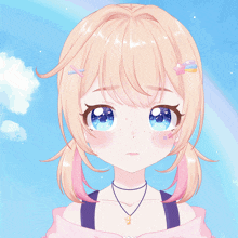 a girl with blonde hair and blue eyes is wearing a necklace with the letter o on it