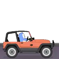 a penguin is driving an orange jeep next to a welc sign