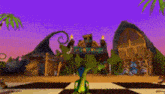 a cartoon of a dinosaur standing in front of a building with a sign that says ' tropical resort '