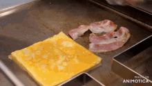 eggs and bacon are being cooked on a griddle and the words made in animotica are visible