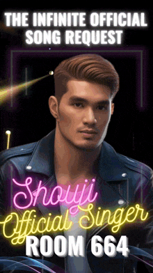 a poster for the infinite official song request showing a man in a leather jacket