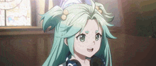 a girl with green hair is holding a microphone in her hand .