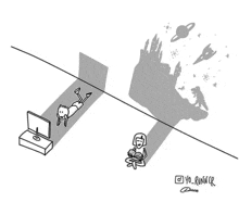 a black and white drawing of a person laying on the floor watching a tv and a woman reading a book .
