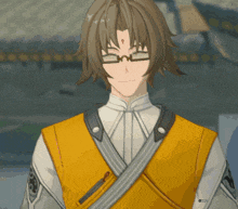 a man wearing glasses and a yellow vest is smiling in a video game scene