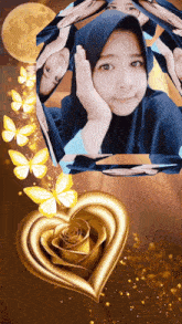 a girl is surrounded by butterflies and a heart