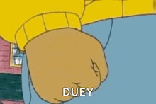 a cartoon character is giving a fist bump and the word duey is written on the bottom .
