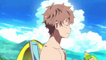 a boy without a shirt is holding a bottle of water in front of a tent