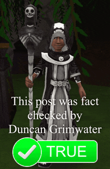 a video game character with a skull on his head and a check mark that says true