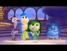 a group of cartoon characters are standing around a table looking at something .