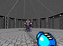 a pixel art of a robot standing in a room with a blue object in the foreground .
