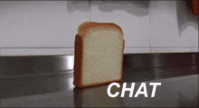 a slice of bread is sitting on a counter with the word chat above it