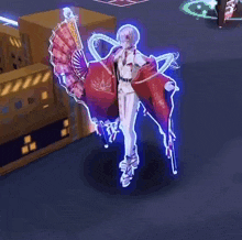 a girl in a red kimono is holding a fan in her hand in a video game .