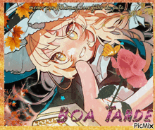 a picture of a girl with a rose and the words boa tarde on the bottom