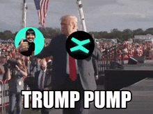 a picture of donald trump giving a thumbs up next to a sign that says trump pump