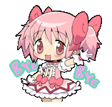 a little girl with pink hair and a bow on her head is standing next to the word bye .