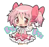 a little girl with pink hair and a bow on her head is standing next to the word bye .