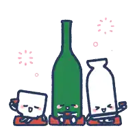 a cartoon drawing of a bottle and two cups with faces on them