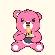a teddy bear is eating noodles with chopsticks