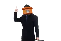 a man with a telephone on his head pointing upwards