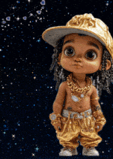 a cartoon of a boy wearing a hat and gold jewelry with the word slo on the bottom