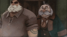 a man with a tattoo on his arm stands next to another man with a beard