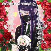 a picture of a man holding a stuffed animal with the words art history canon < 3