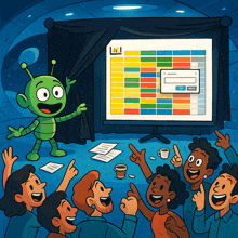 a cartoon of a group of people watching a presentation