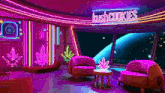 a room with a neon sign that says kushcookies