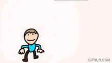 a cartoon of a man with a blue shirt and brown boots is on a white background ..