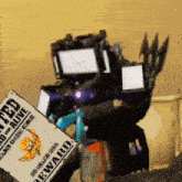 a robot is holding a sign that says wanted