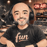 a man wearing headphones and a fun shirt