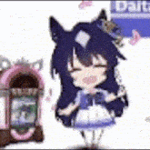 a cartoon girl is standing next to a jukebox and smiling .