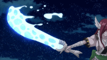 a girl with red hair is holding a sword that looks like a fish