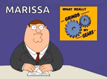 a cartoon of peter griffin sitting in front of a poster that says marissa