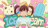 a girl holding an apron with a strawberry on it in front of a sign that says ice cream