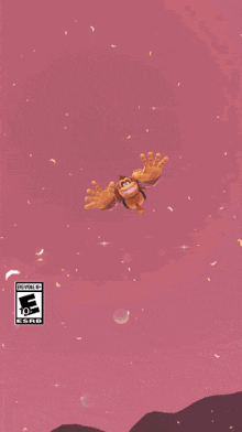 a cartoon monkey is flying through a pink circle on a dark background